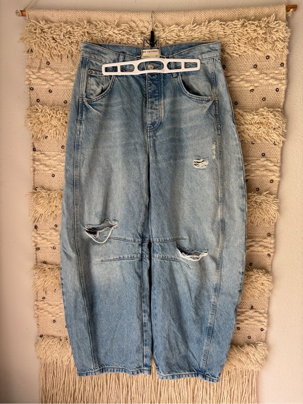 Free People Light Blue Distressed Barrel Jeans